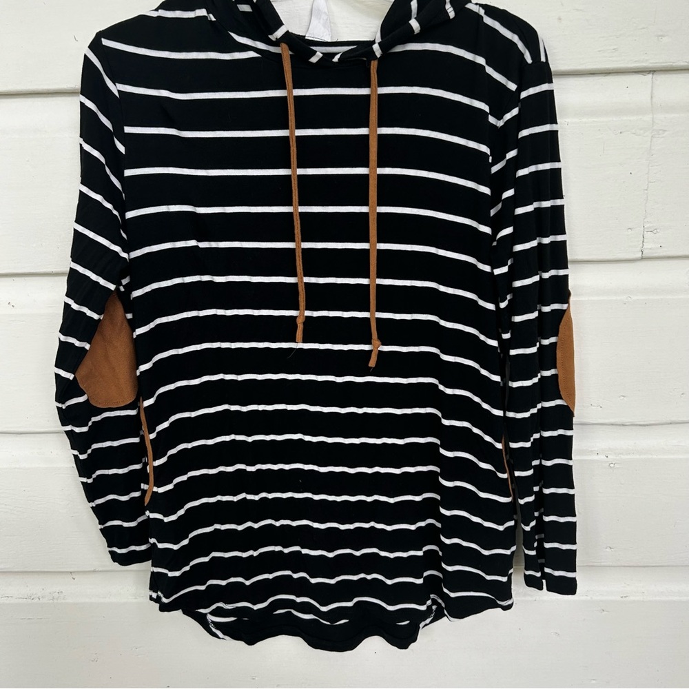 Black & White Stripe Light Weight Pocketed Elbow Patch Hoodie
